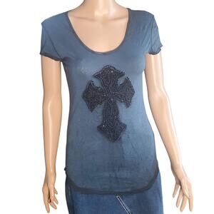 Velvet Stone Size S Women’s Fitted Tee Blue Studded Cross Embellished Y2K EMO